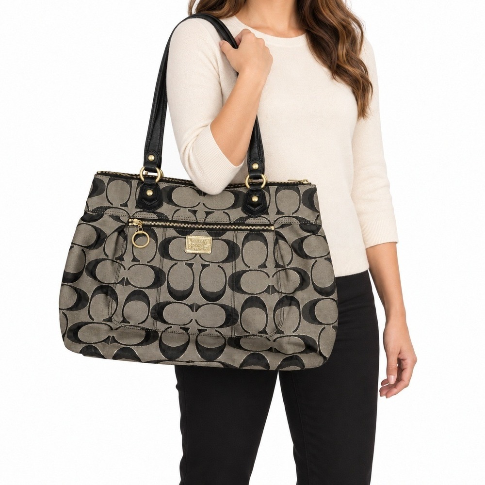 COACH Poppy Glam Signature Tote Shoulder Bag Gray Black Large Y2K